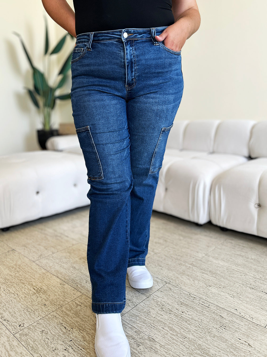 Judy Blue Full Size High Waist Cargo Pockets Dark Wash Straight Denim Jeans