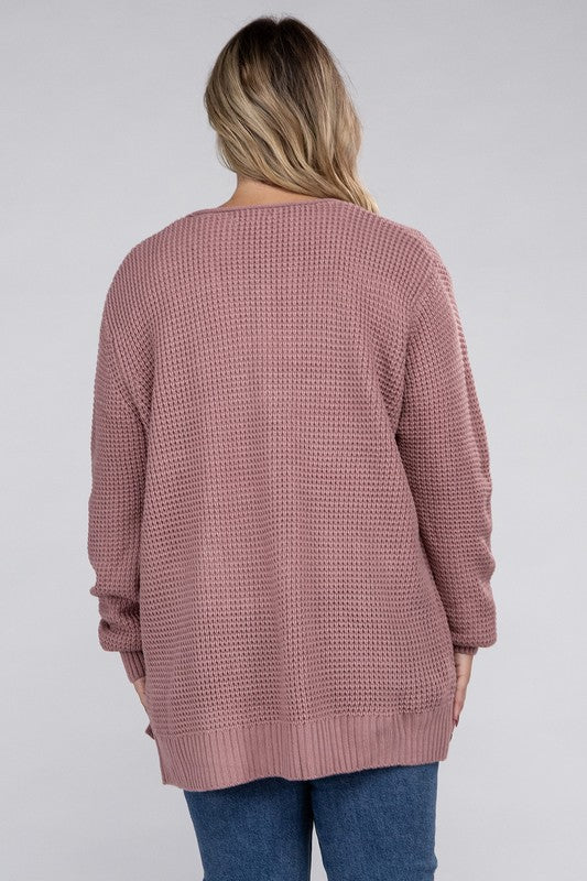 ZENANA Plus Low Gauge Waffle Oversized Open Front Sweater Cardigan