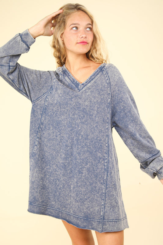 VERY J Mineral Wash Raglan Sleeves V-Neck Oversized A-Line Mini Dress | Denim