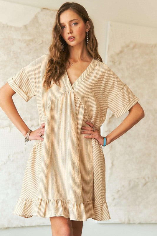 ADORA Ruffled Hem Striped V-Neck Striped Pattern Babydoll Dress | Pastel Yellow