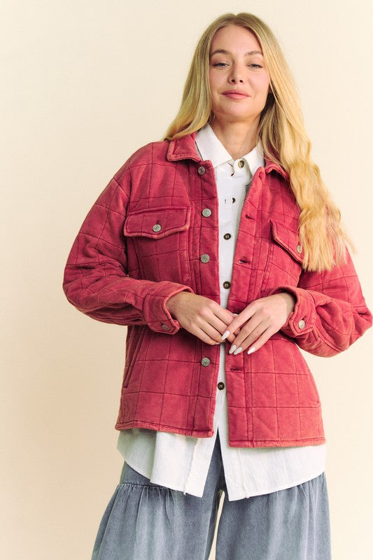 Davi & Dani Mineral Wash Quilted Button Down Chest Pockets Shacket | Brick