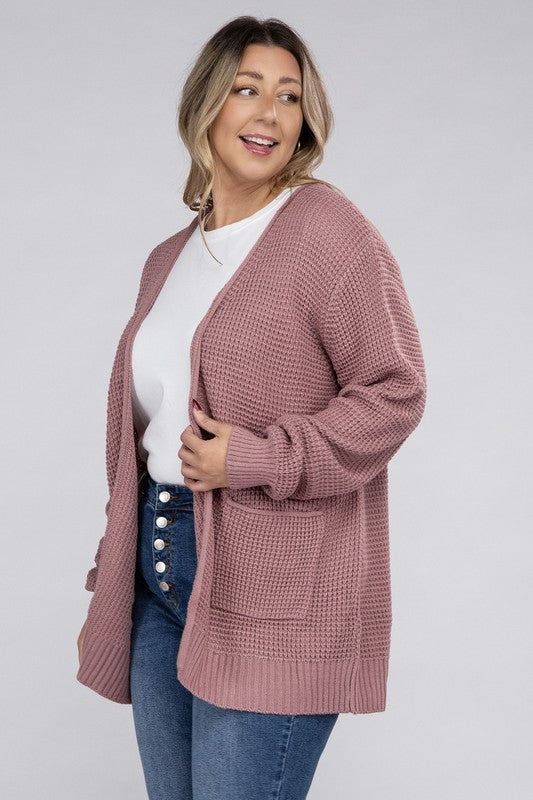 ZENANA Plus Low Gauge Waffle Oversized Open Front Sweater Cardigan