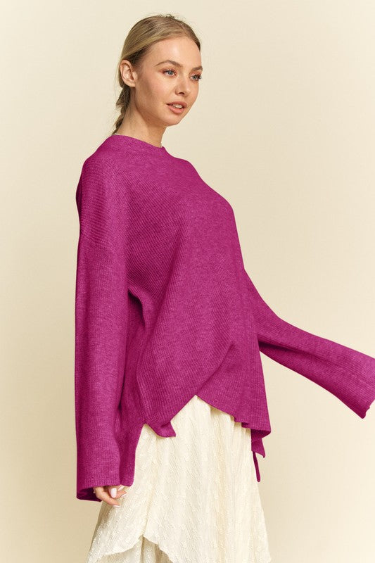 Davi & Dani High-Low Crew Neck Voluminous Sleeves Pullover Sweater | Purple