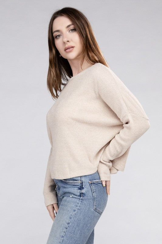 ZENANA Ribbed Dolman Long Sleeves Round Neck Sweater