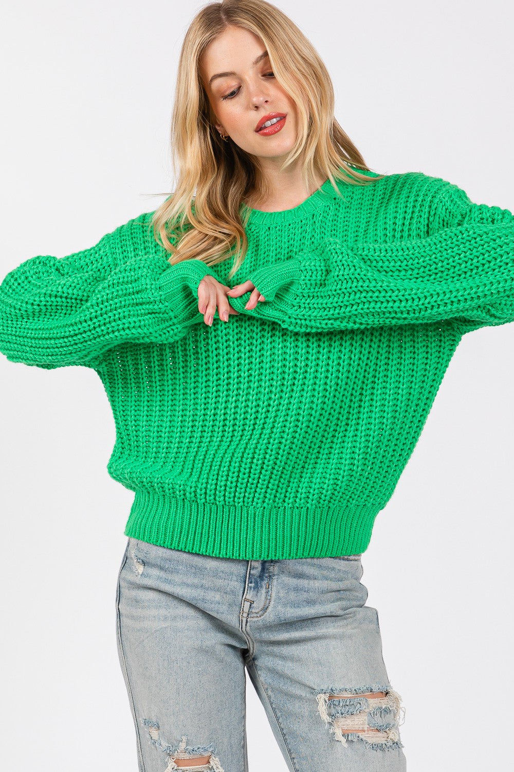 SAGE + FIG Round Neck Drop Shoulder Long Sleeves Pullover Sweater | Green