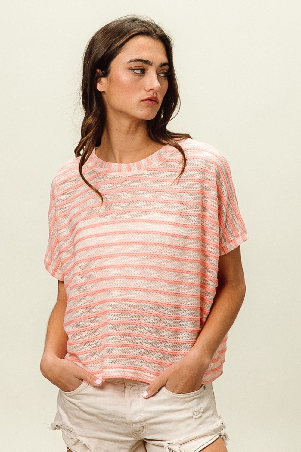 BiBi Relaxed Fit Braid Striped Short Sleeves Round Neck T-Shirt