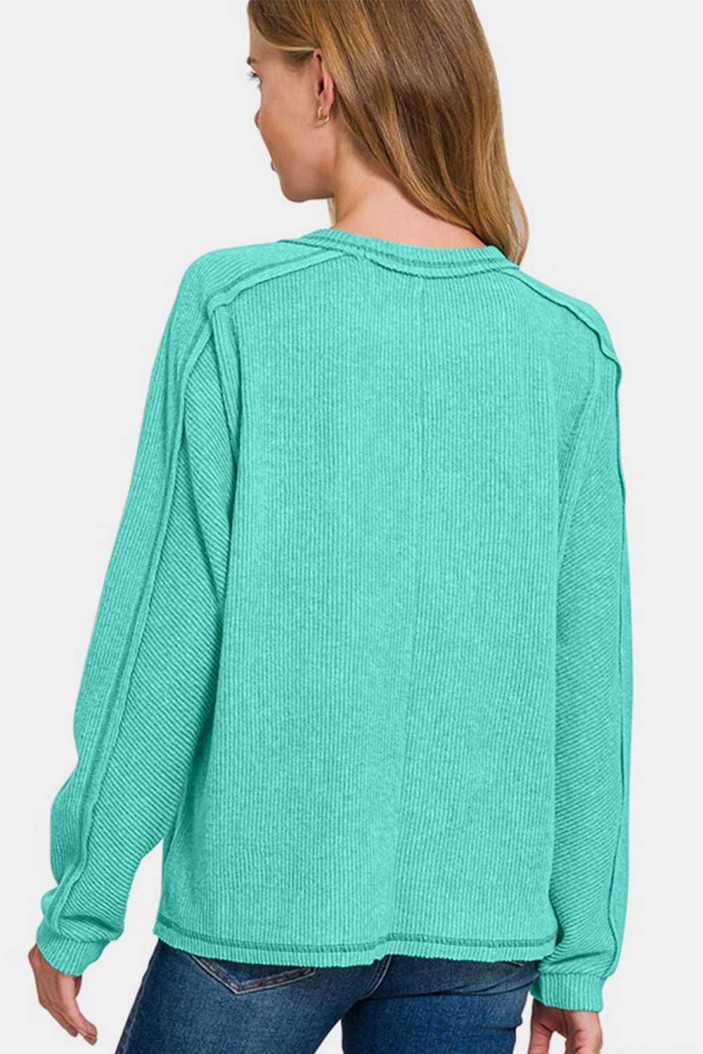 Zenana Contrast Stitching Brushed Ribbed Hacci Round Neck Knit Top | Turquoise