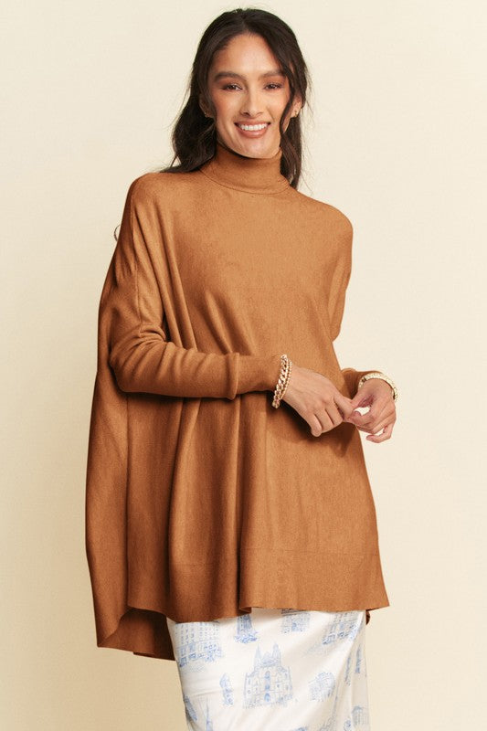 Davi & Dani High-Low Turtleneck Long Sleeves Loose Fit Knit Sweater | Caramel