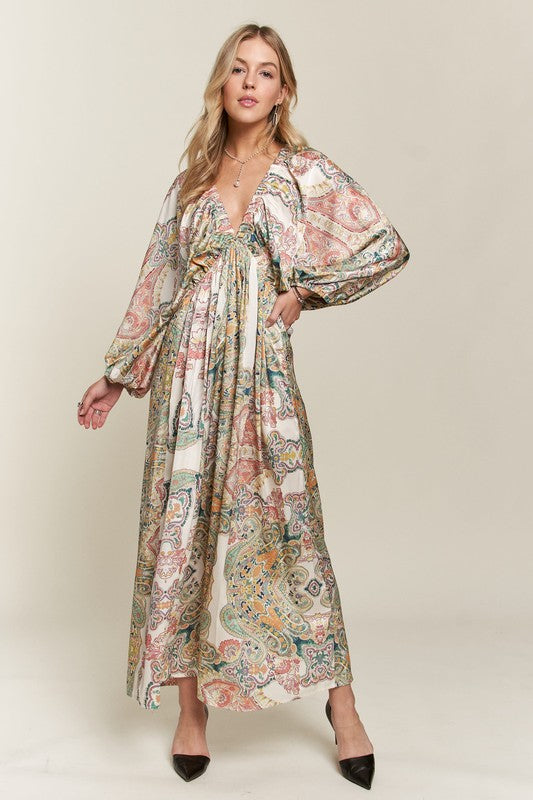 ADORA Boho Printed V-Neck Batwing Sleeves Side Pockets Maxi Dress | Light Green