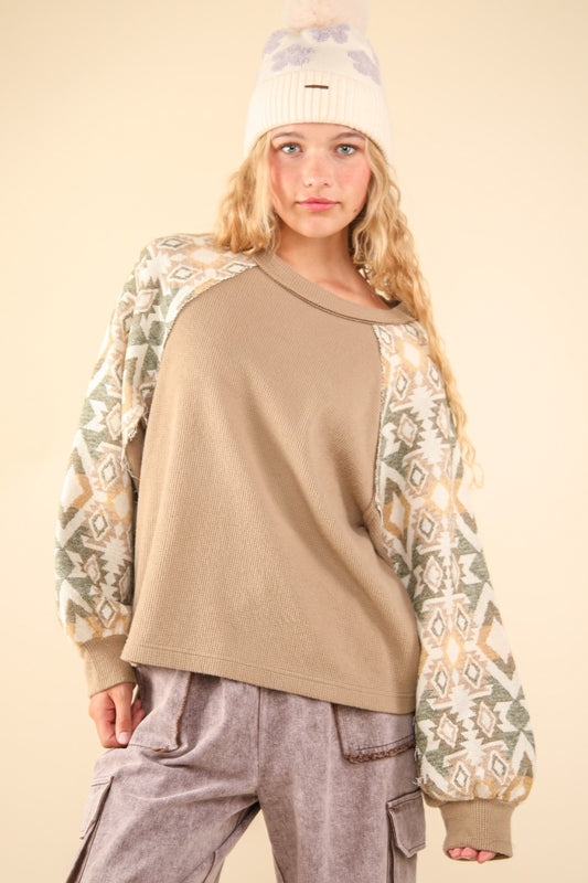 VERY J Aztec Printed Long Sleeves Round Neck Oversized Cozy Knit Top | Taupe