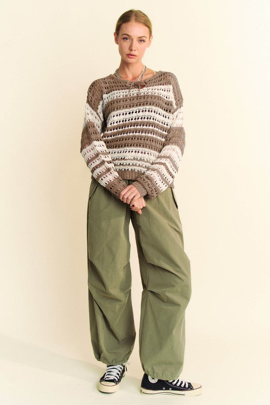 Davi & Dani Contrast Striped Crochet Tie Ribbon Loose Fit Knit Sweater | Taupe