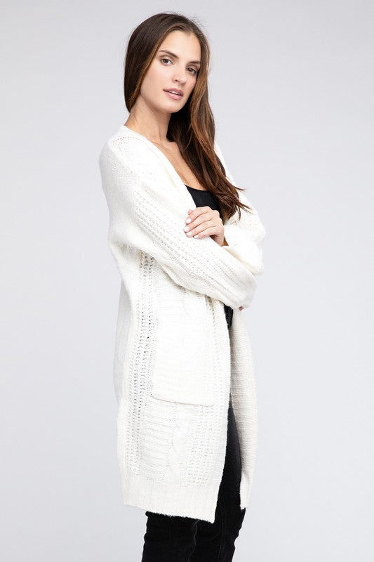 BiBi Loose Fit Long Sleeves Twist Knitted Pockets Open Front Cardigan