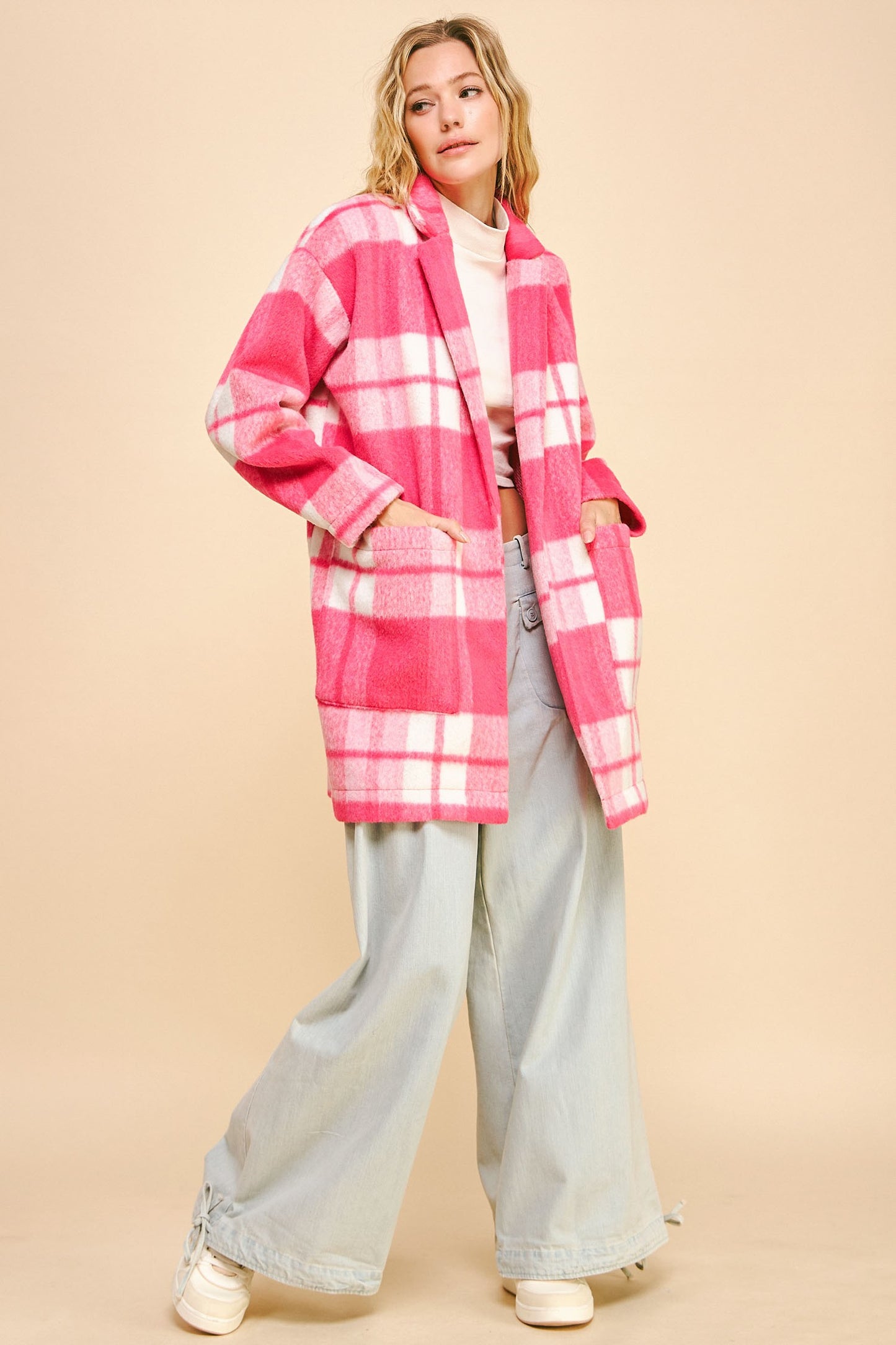 Davi & Dani Checker Plaid Pocket Drop Shoulder Open Front Coat Jacket | Hot Pink