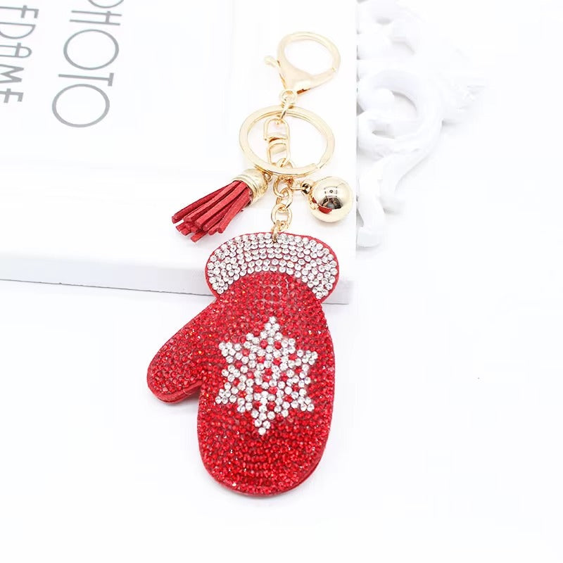 Adorable Rhinestone Holiday Mitten Pillow Puffy Tassel Keychain with Bag Charm
