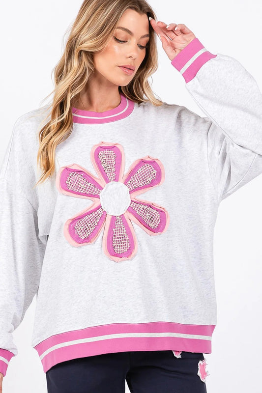 Threaded Pear Caroline Flower Patchwork Crew Neck Long Sleeves Sweatshirt | Gray