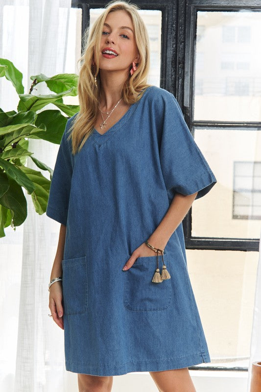 ADORA Vintage Edge V-Neck Half Sleeves Front Pockets Mini Denim Dress | Blue