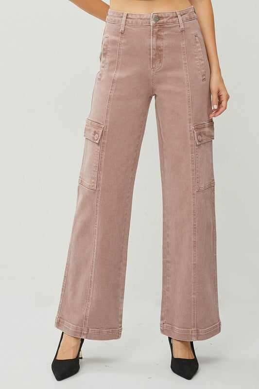 RISEN High Rise Cargo Pockets Zipper Fly Stretchy Wide Leg Denim Jeans | Mauve