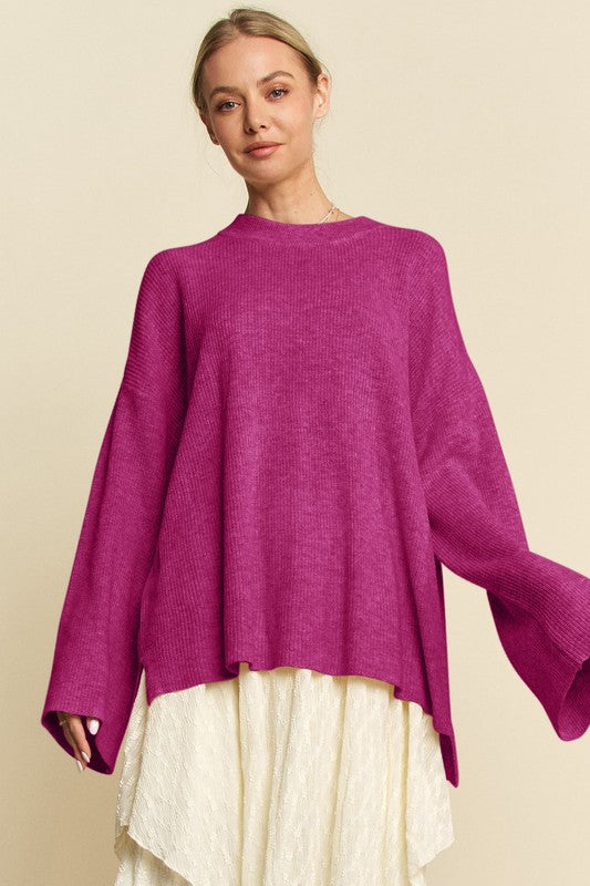 Davi & Dani High-Low Crew Neck Voluminous Sleeves Pullover Sweater | Purple