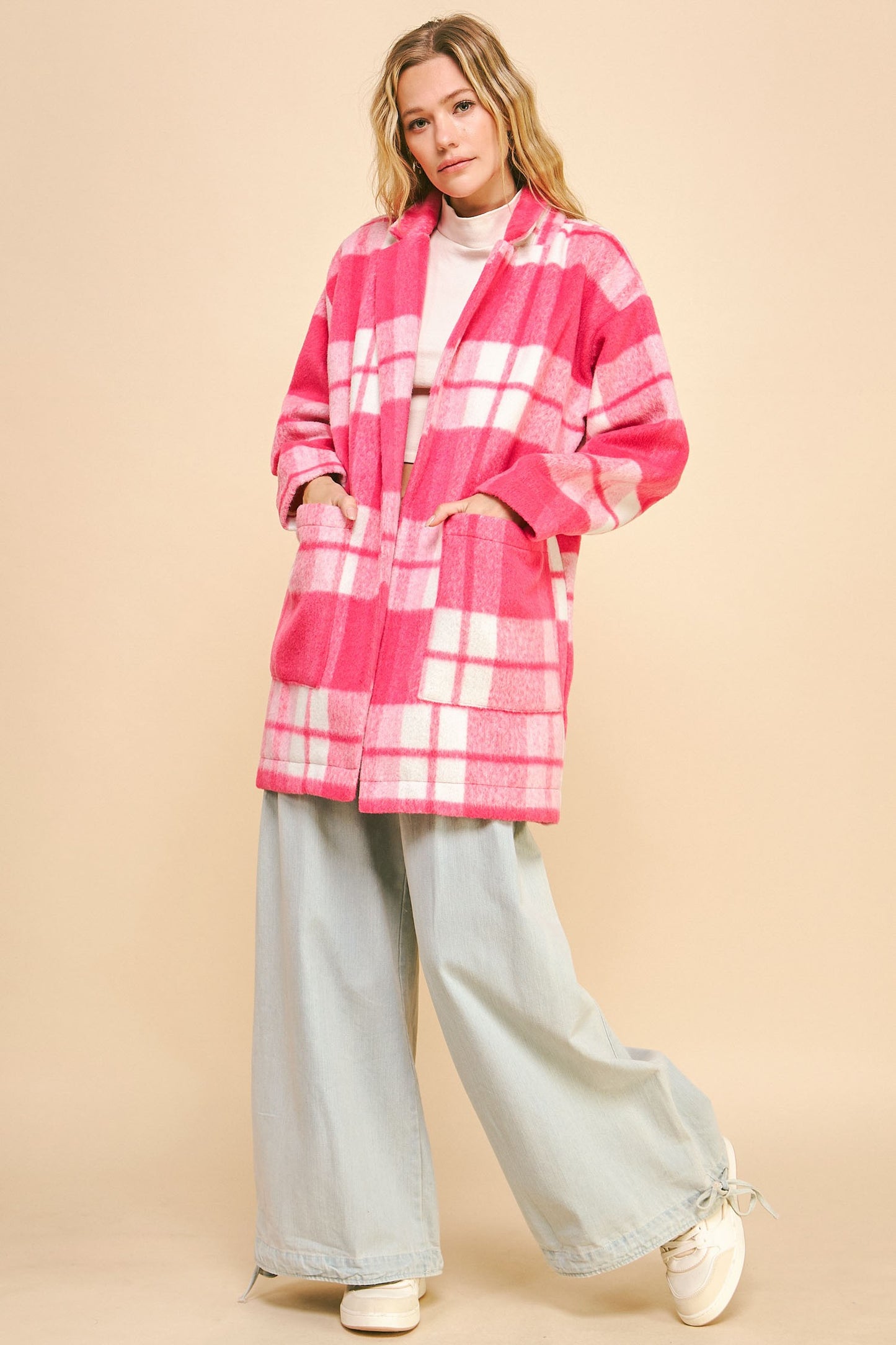 Davi & Dani Checker Plaid Pocket Drop Shoulder Open Front Coat Jacket | Hot Pink