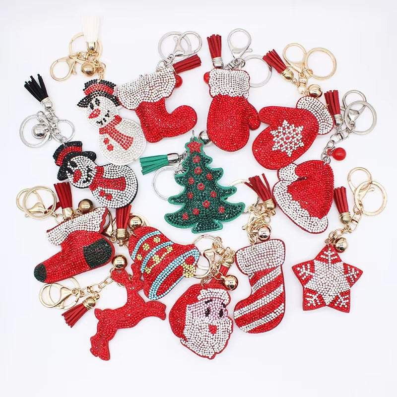 Adorable Rhinestone Holiday Mitten Pillow Puffy Tassel Keychain with Bag Charm