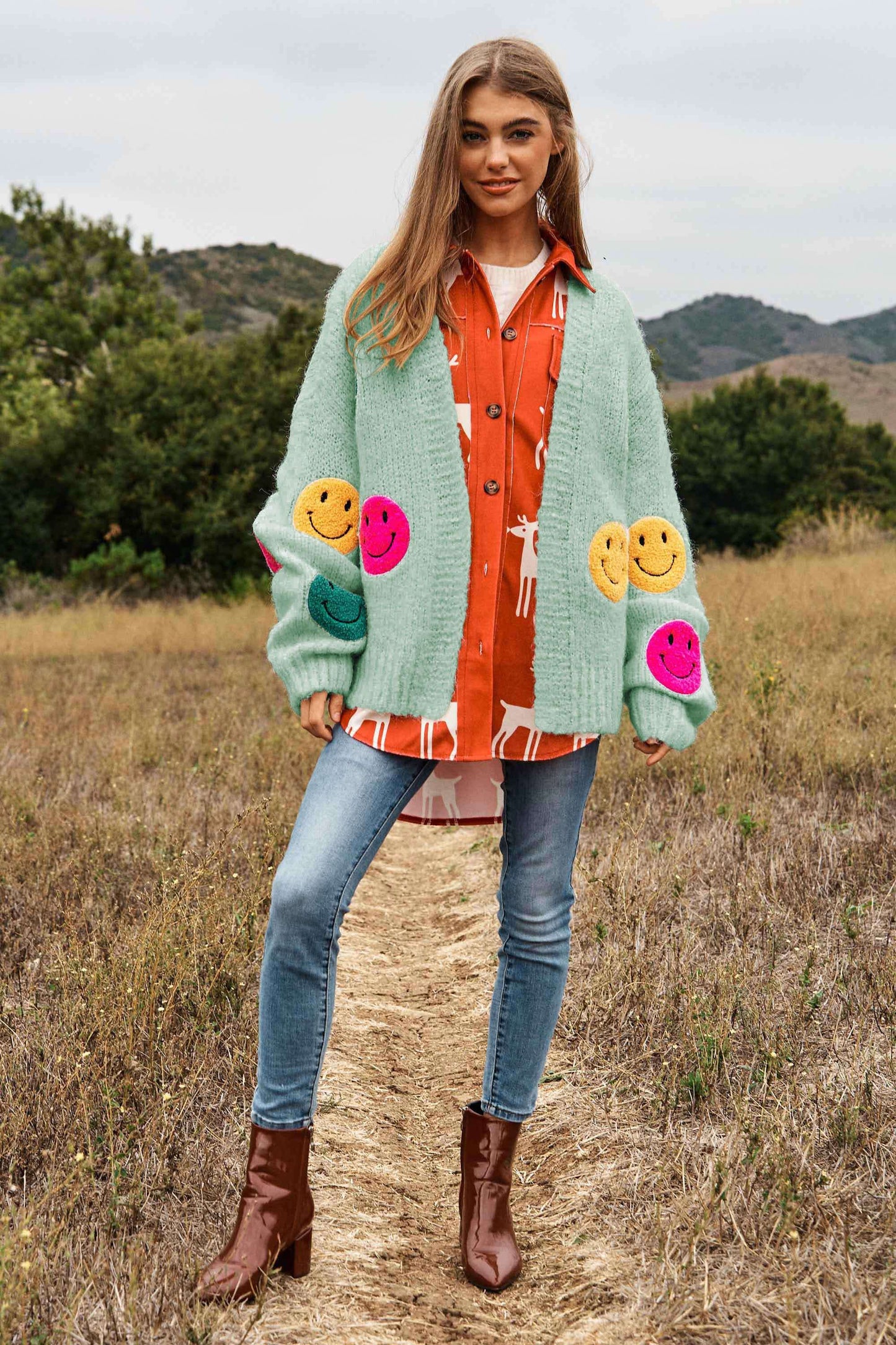 Davi & Dani The Fuzzy Smile Long Bell Sleeves Oversized Knit Cardigan