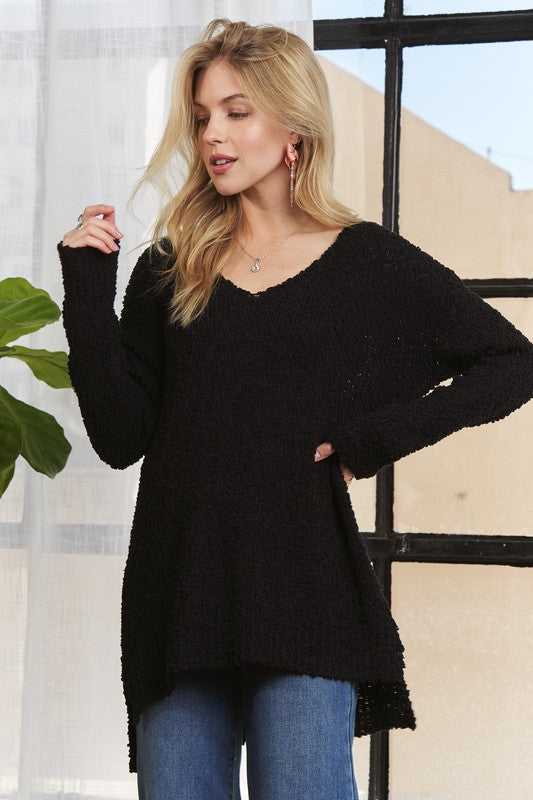 ADORA High-Low Side Slit V-Neck Sweater | Black