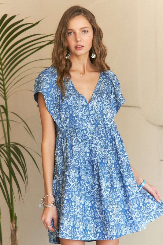 ADORA Printed V-Neck Ruffle Sleeve Mini Dress | Denim Blue