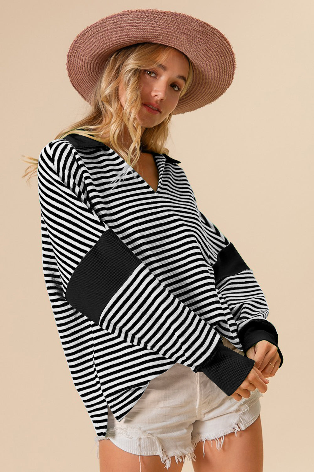 BiBi Contrast Striped Pattern Long Sleeves Loose Fit Knit Top | Black