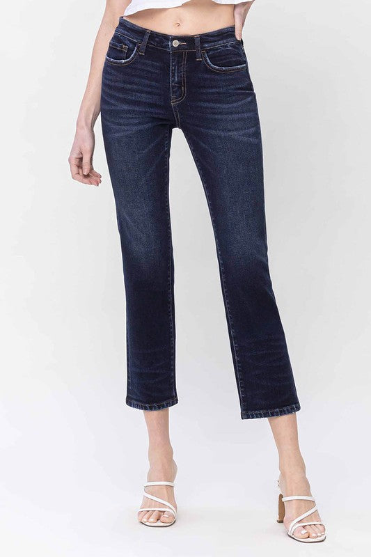 Flying Monkey Great Mid Rise Dark Stone Wash Slim Cropped Straight Jeans