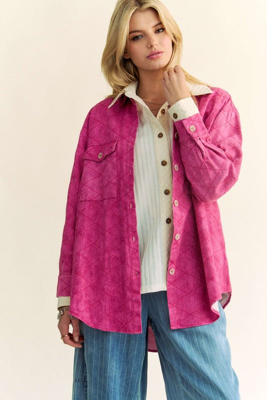 Davi & Dani Curved Hem Diamond Quilted Button Up Denim Shacket | Hot Pink