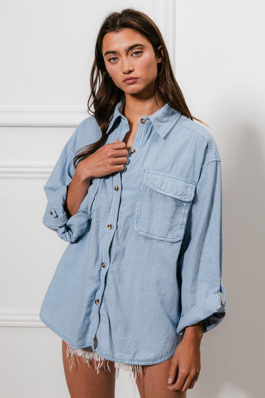 BiBi Button Down Stitch Detail Chest Pockets Long Sleeves Loose Fit Denim Shirt