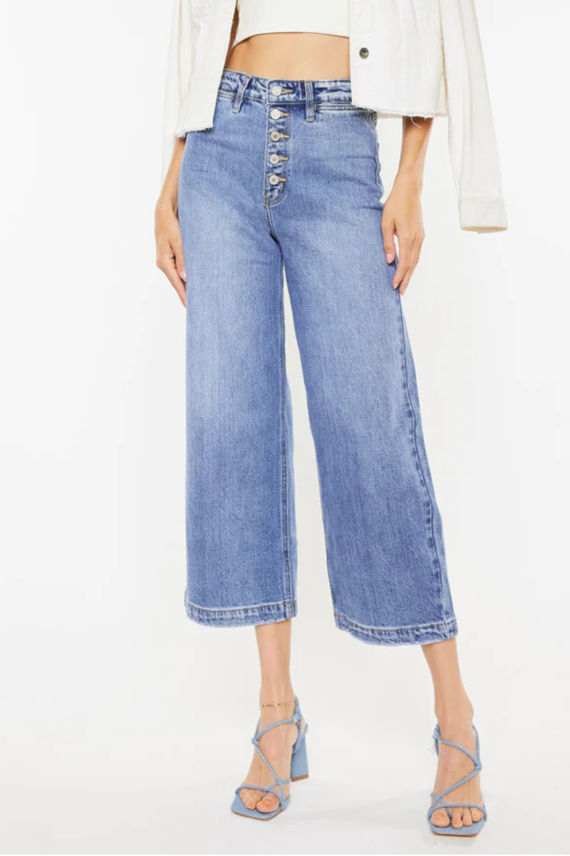 KanCan Ultra High Rise Button Fly Stretch Cropped Wide Leg Jeans