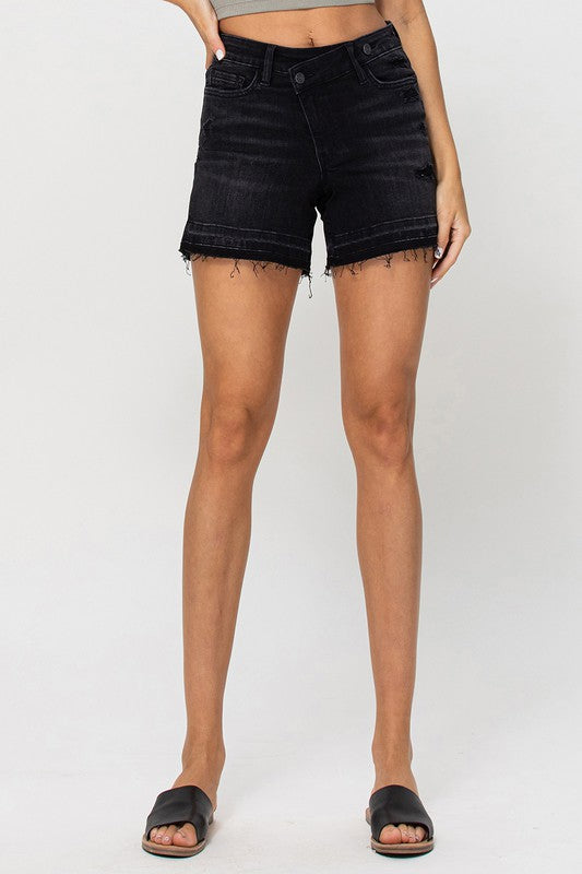 VERVET Washed Out High Rise Raw Hem Criss Cross Waistband Stretch Shorts