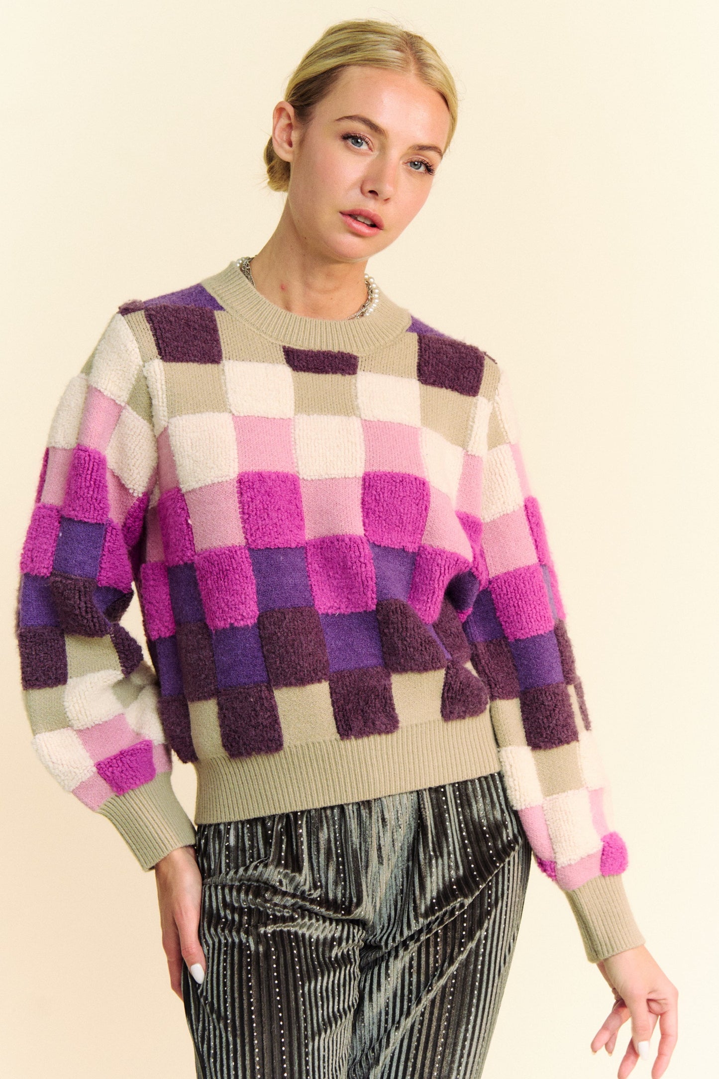 Davi & Dani Multicolor Checkered Round Neck Long Sleeves Knit Sweater | Purple