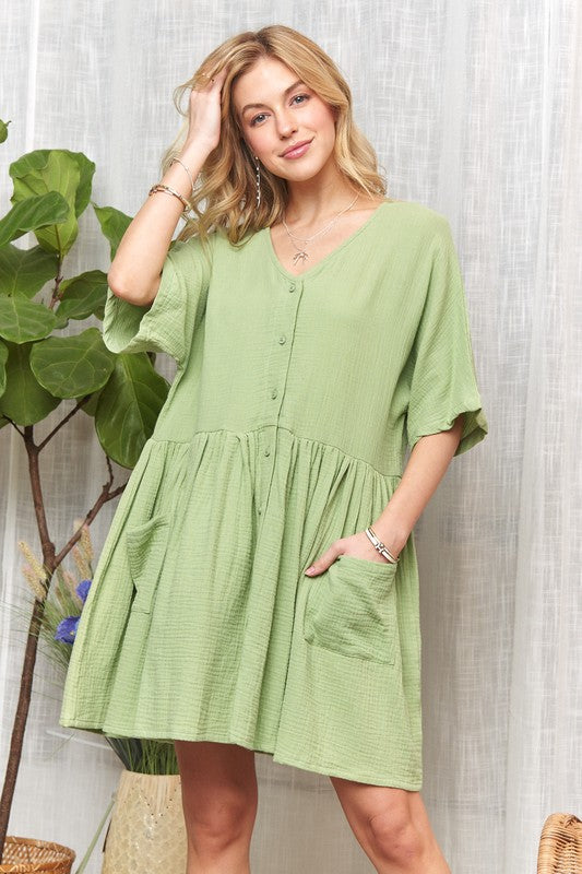 ADORA V-Neck Half Sleeve Dress with Pockets | Dusty Green