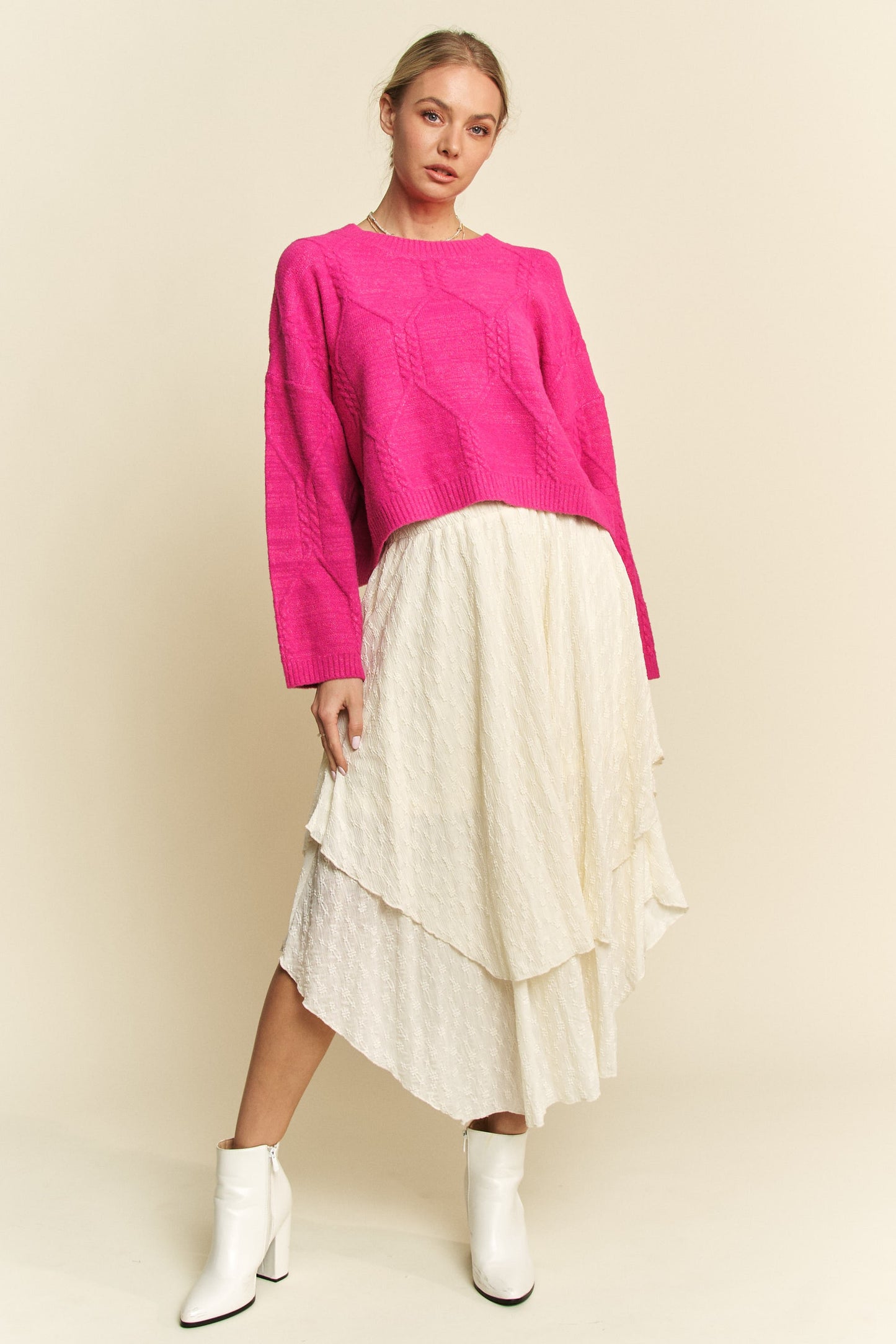 Davi & Dani Diamond Cable Pattern Drop Shoulder Cropped Knit Sweater | Pink