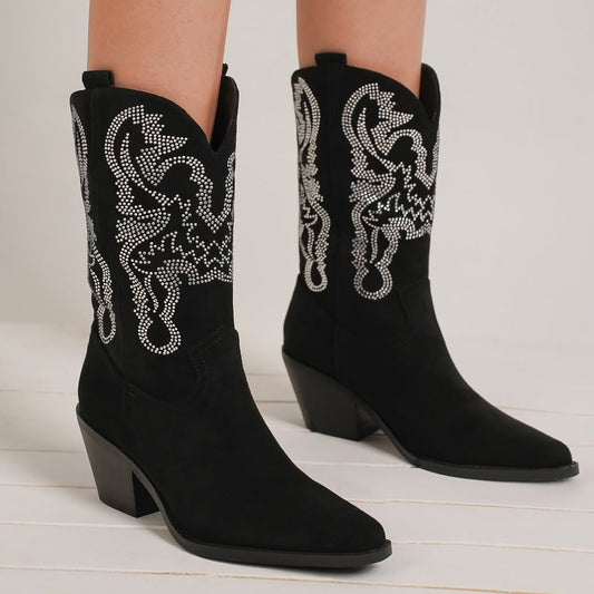 Beast Fashion Rhinestone Detail Point Toe Block Heel Western Ankle Boots | Black