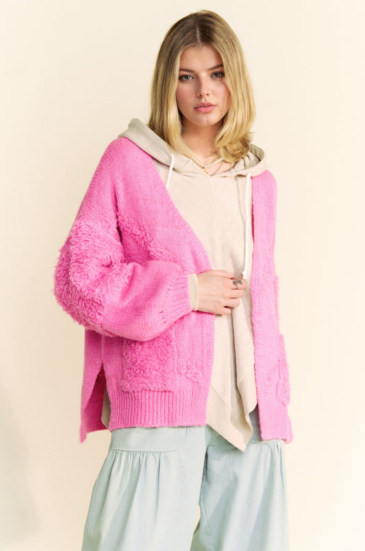 Davi & Dani Side Slit Open Front Long Sleeves Pockets Comfy Knit Cardigan | Pink