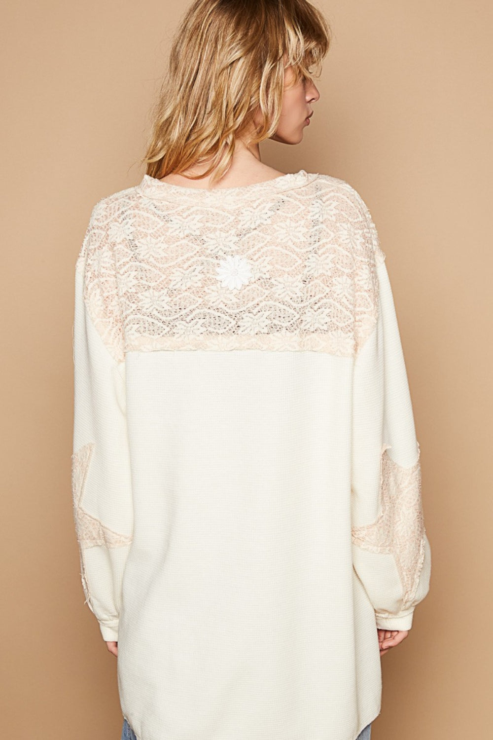 POL Round Neck Balloon Sleeves Crochet Patches Solid Relaxed Fit Top | Cream