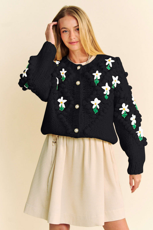 Davi & Dani Embellishments Floral Pattern Button Up Chunky Knit Cardigan | Black