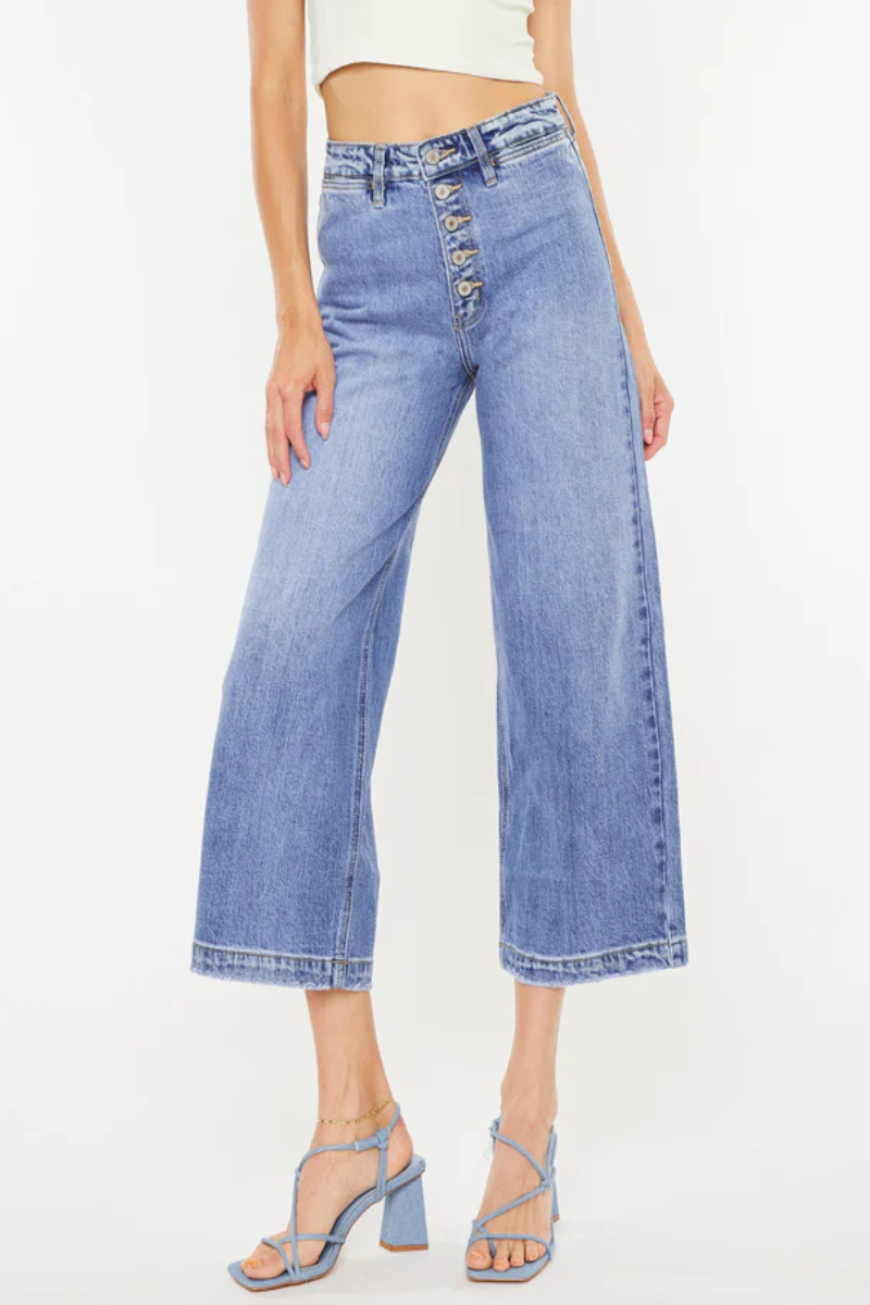 KanCan Ultra High Rise Button Fly Stretch Cropped Wide Leg Jeans