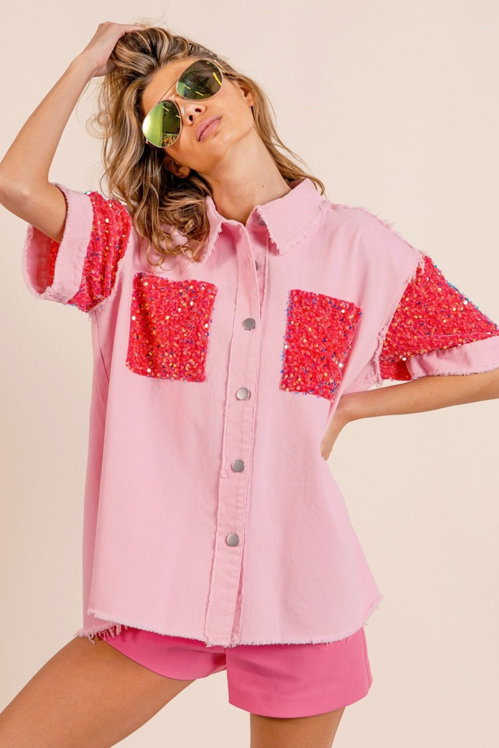 BiBi Sequin Detail Raw Hem Short Sleeves Buttoned Shirt