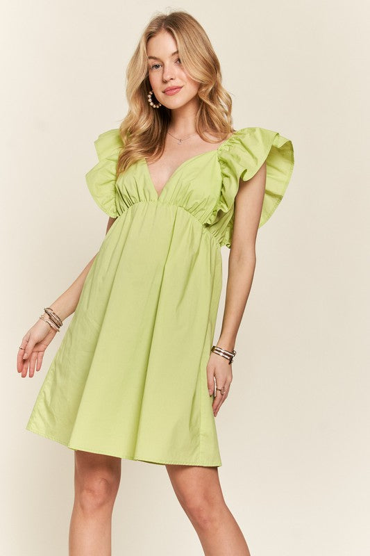 ADORA Smocked Back Ruffled Cap Sleeve Babydoll Dress | Lime