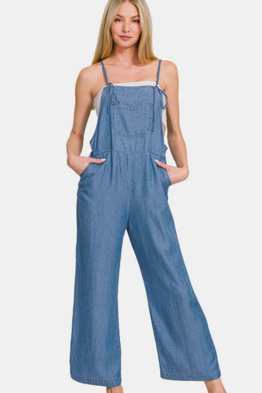 Zenana Enzyme Washed Adjustable Strap Pockets Wide Leg Denim Overalls | Blue