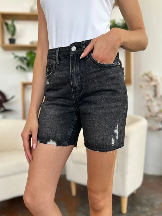 Judy Blue Full Size High Waist Tummy Control Raw Hem Distressed Denim Shorts