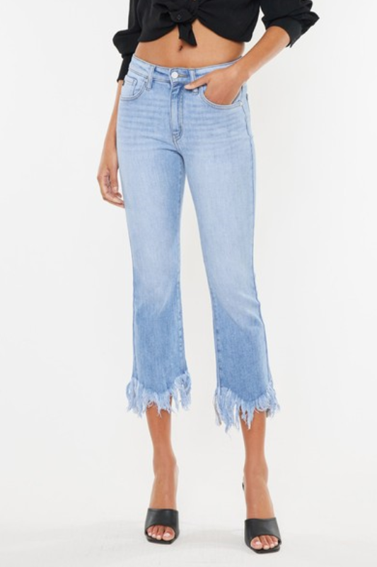 KanCan High Rise Long Fringe Hem Cropped Bootcut Denim Jeans