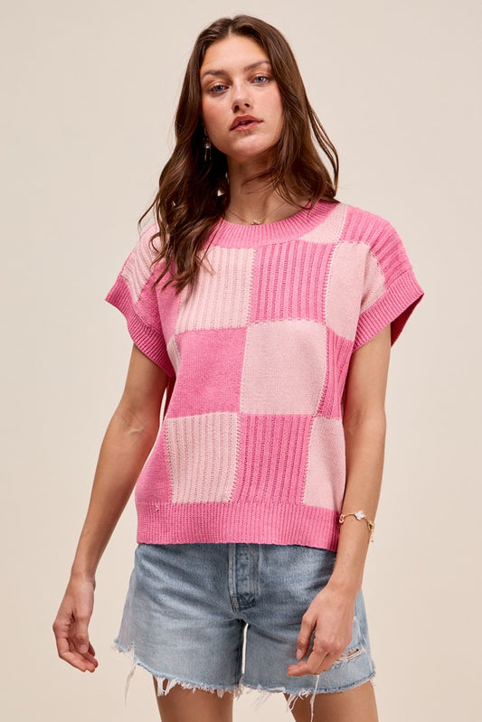 So Me Check Plaid Print Round Neck Oversized Casual Ribbed Sweater | Blush/Pink
