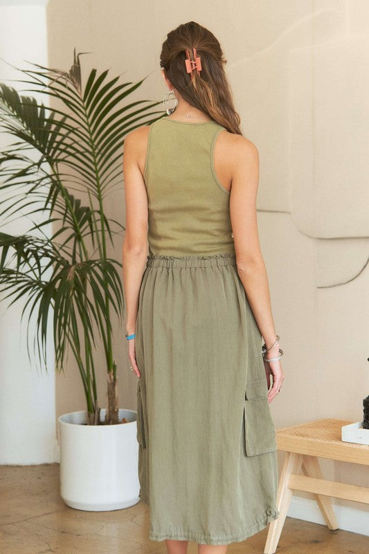 ADORA Drawstring Detail Elastic Waist Sleeveless Pockets Washed Dress | Olive