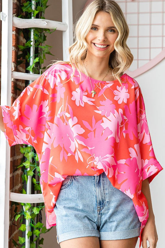 First Love Side Slit Printed Round Neck Half Sleeves Relaxed Fit Blouse | Coral