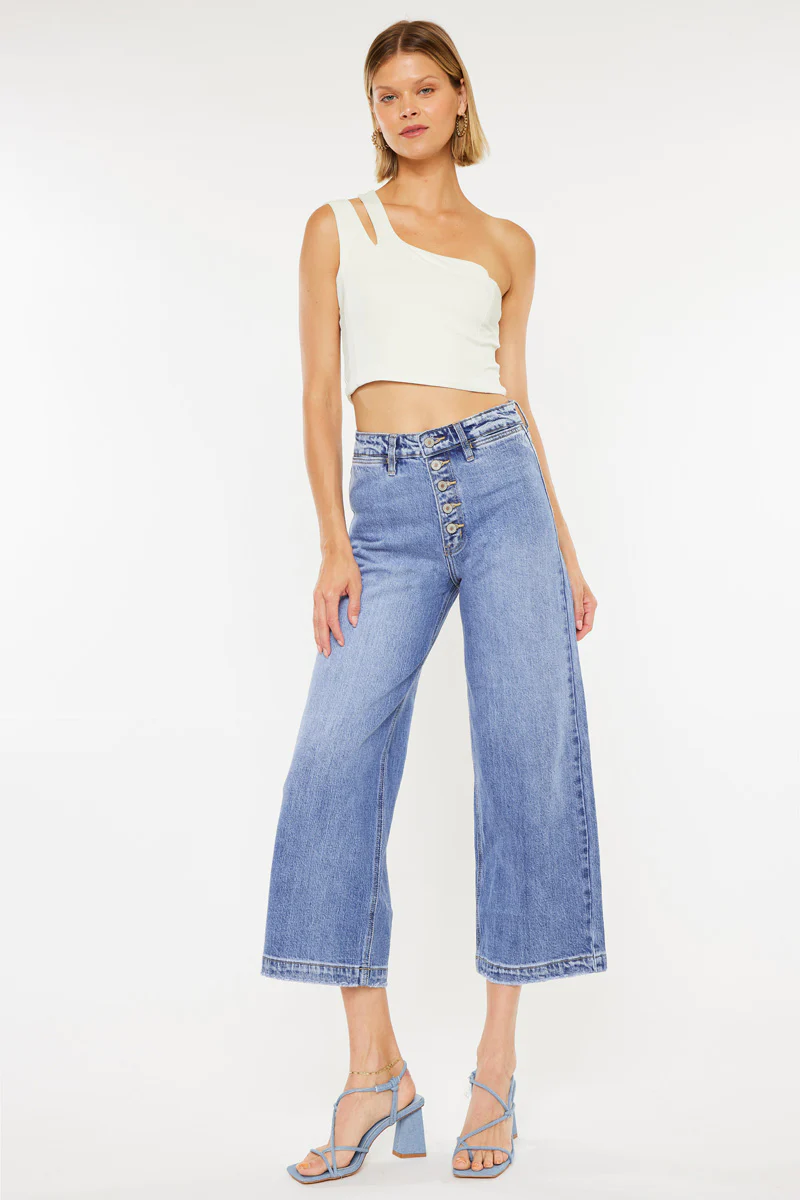 KanCan Ultra High Rise Button Fly Stretch Cropped Wide Leg Jeans